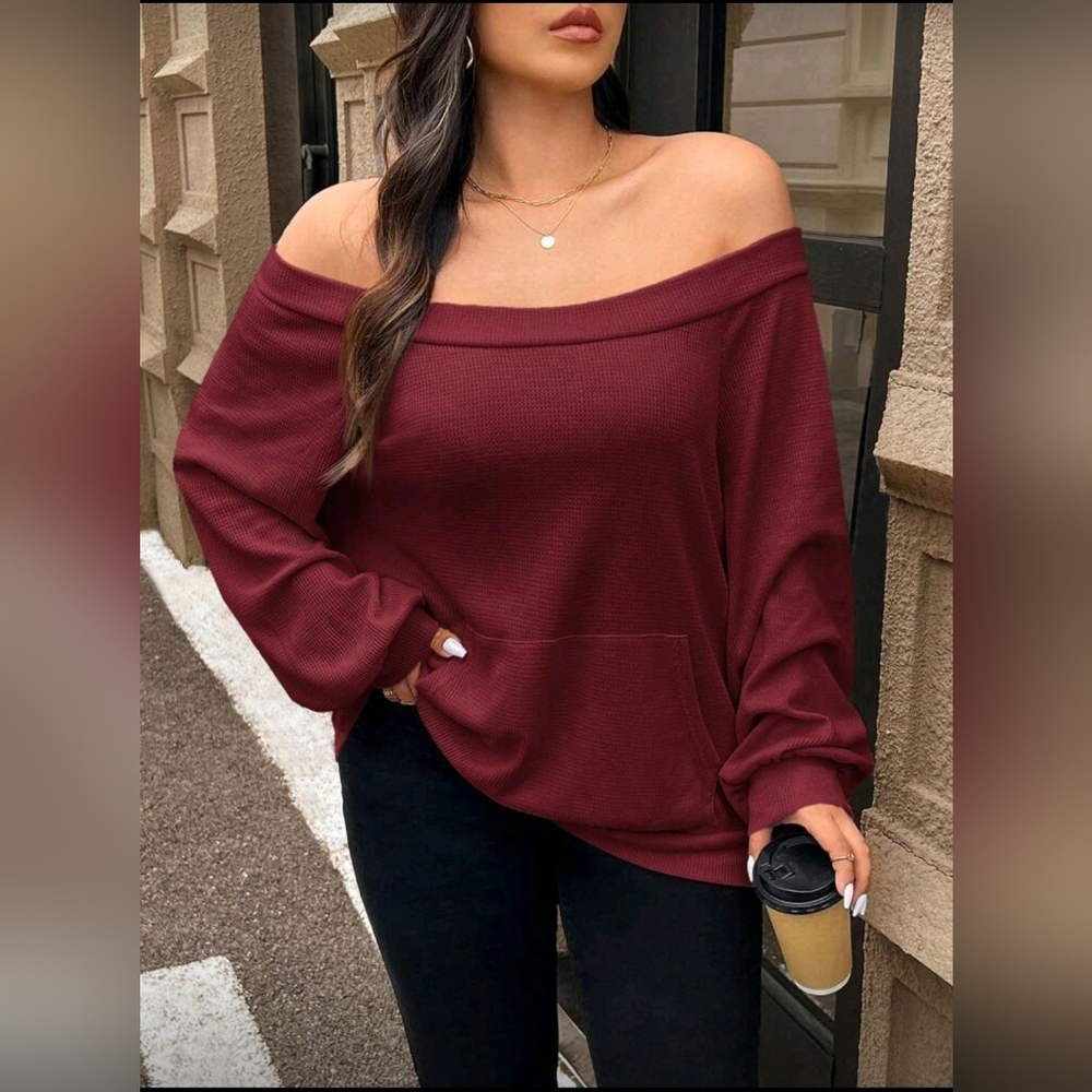 Women's Plus Size Off-Shoulder Burgundy Sweater